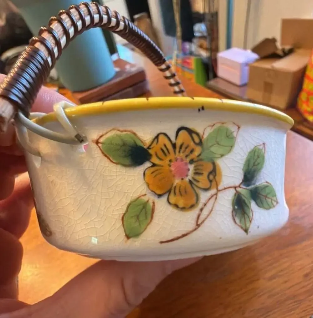 Vintage Hand Painted Ceramic Basket with Removable Tray and Rattan Handle